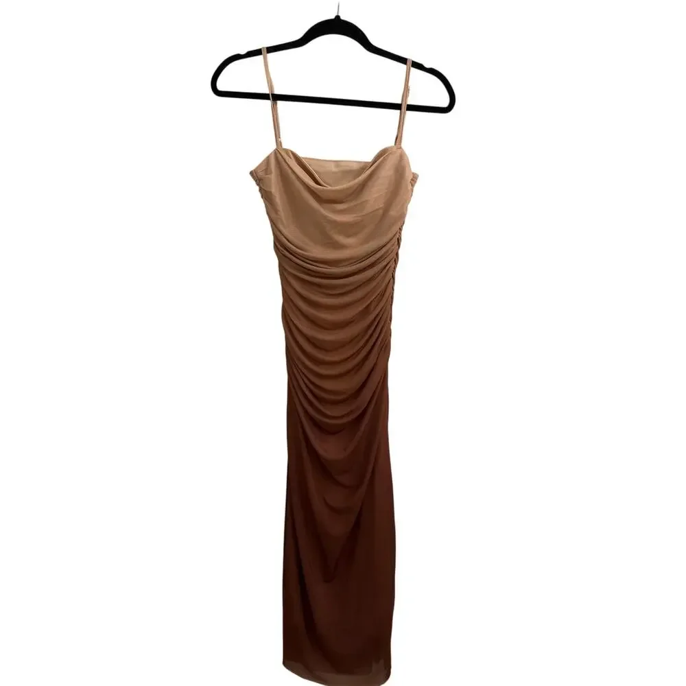 NWT Commense Cappuccino Brown Ruched Slip Dress Cowl Neck Y2K Minimal Glam Small - Picture 1 of 4